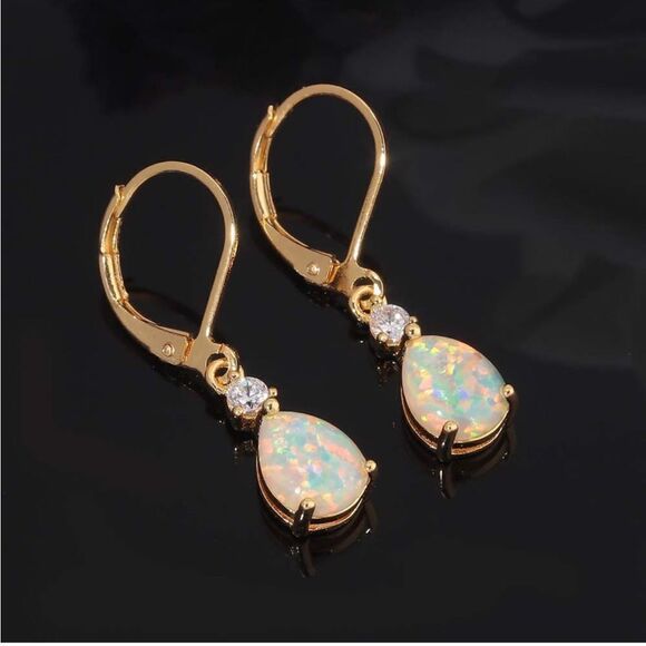 14K Yellow Gold with Genuine White Fire Opal and CZ Teardrop Leverback Earrings - Picture 2 of 5